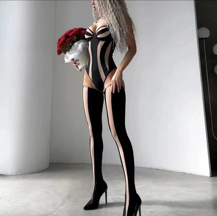 İvory - Siyah Bodysuit ( Çorap Dahildir ) - Amoriawear.