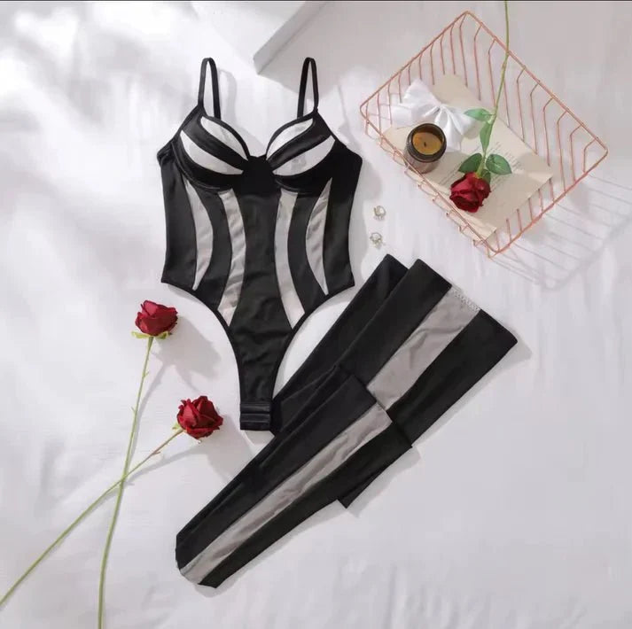 İvory - Siyah Bodysuit ( Çorap Dahildir ) - Amoriawear.