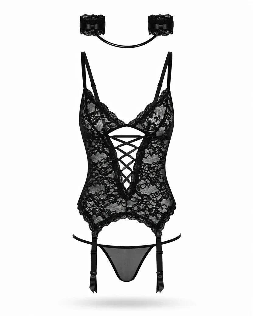 Siyah Dantelli Jartiyer & Bodysuit - 8139 - Amoriawear.