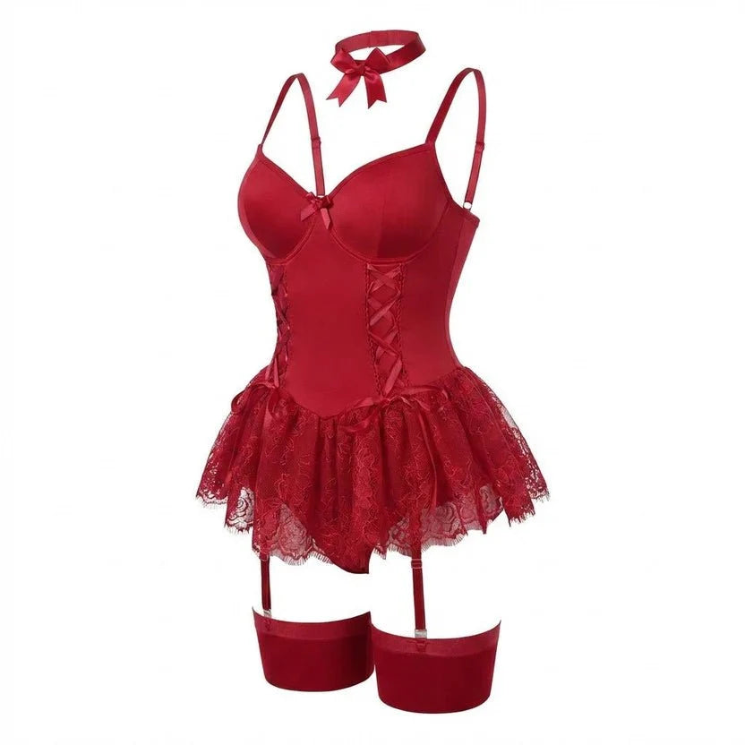Eleanore - Kırmızı Bodysuit ( Çorap Dahildir ) - Amoriawear.